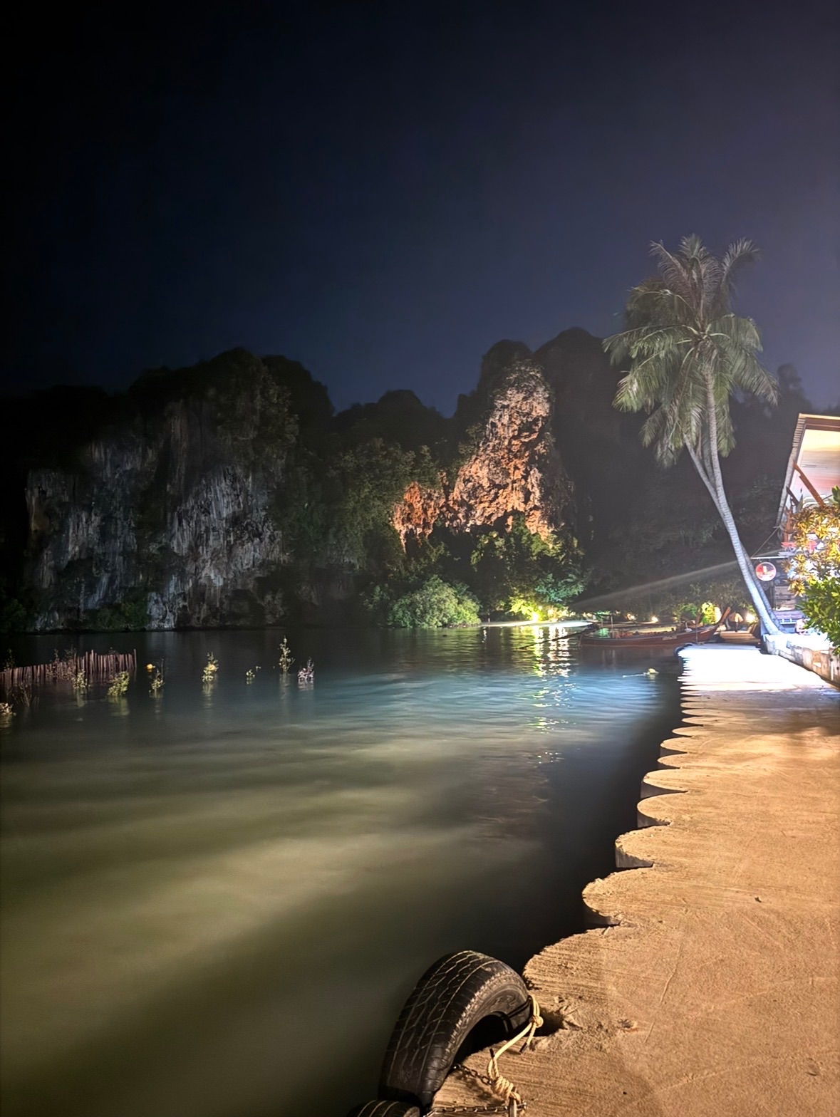 La mangrove et le bord de l'eau de Railay East illuminés à la nuit tombée, avec un palmier et des bateaux au loin